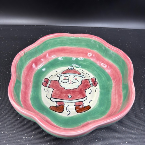 JMB Mexico Hand Painted Ceramic Santa Claus Snow Angel Bowl Pink Green Striped